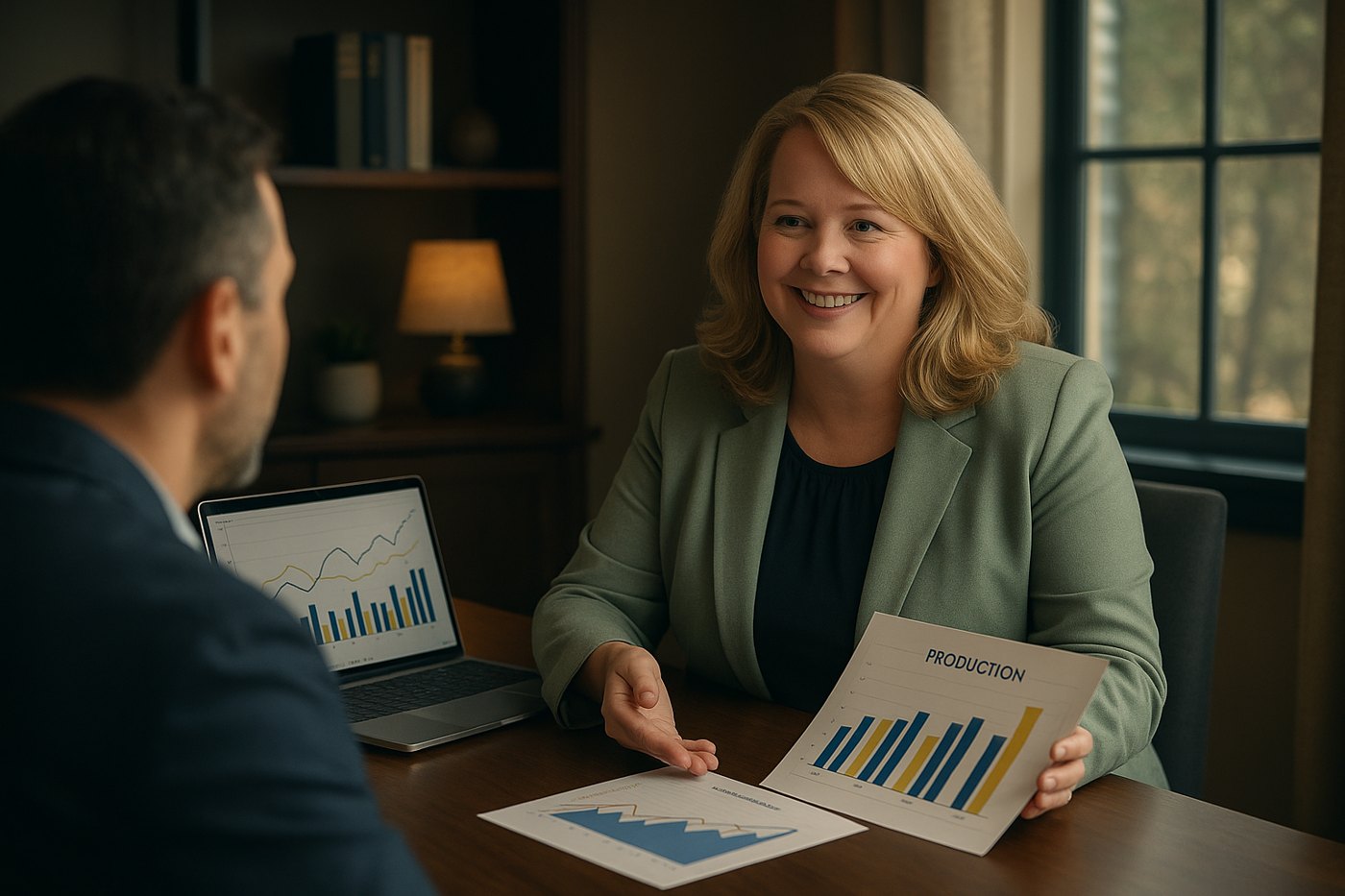 Tammy Duncan consulting with a dental practice owner, reviewing production charts in her office