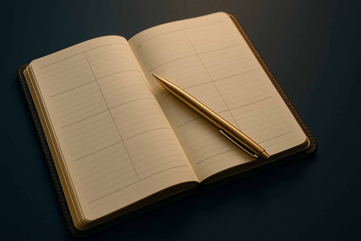 Dental practice scheduling — leather monthly planner with gold pen, the workspace for a production-targeted schedule